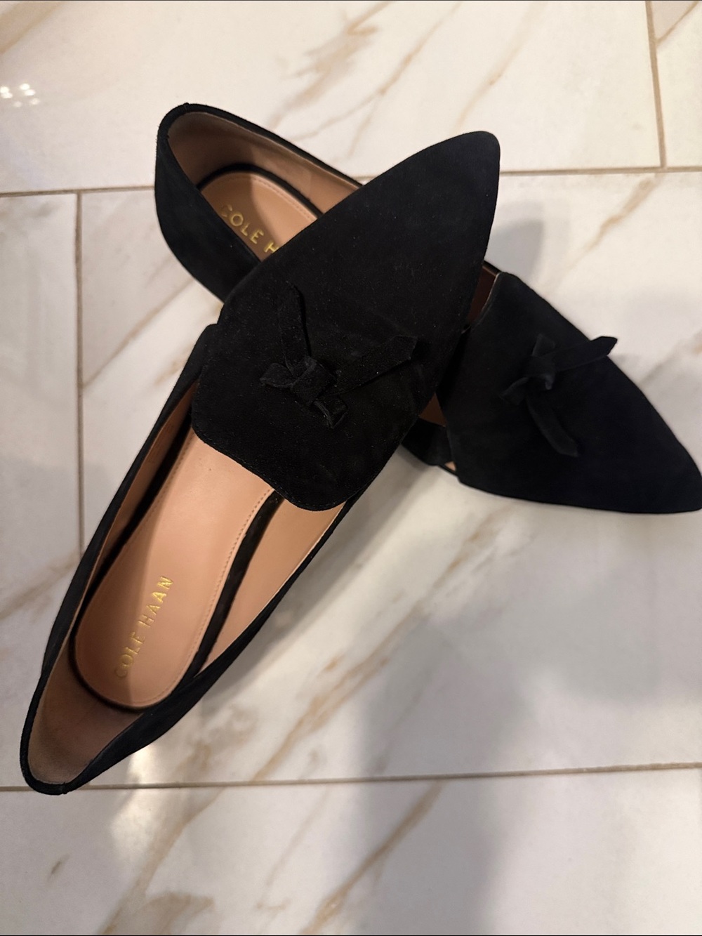 Cole Haan Black Suede Pointed Tassel Loafers